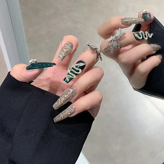 Economic Win Long Coffin Green Snakeskin Press On Nails