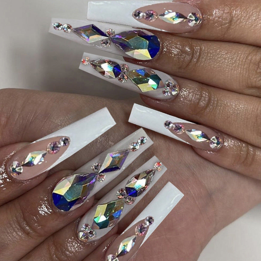 Galaxy Gems Long Coffin White Bold Press On Nails