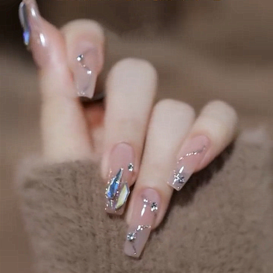 Stones And Gems Long Coffin Beige Studded Press On Nails