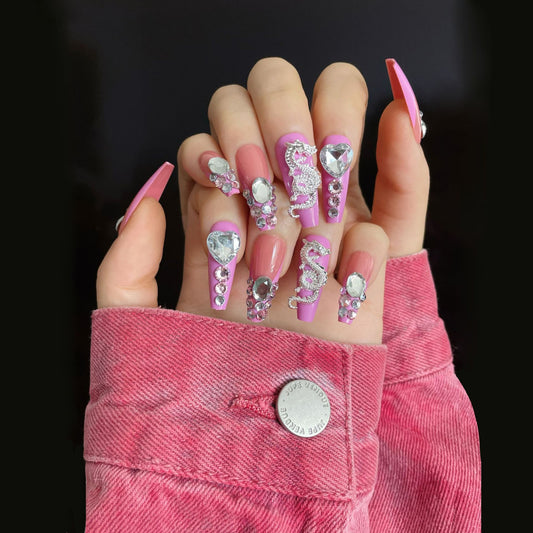 Dragon Time Long Coffin Pink Studded Press On Nails