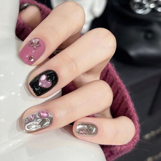 On The Mountain Short Squoval Black Studded Press On Nails