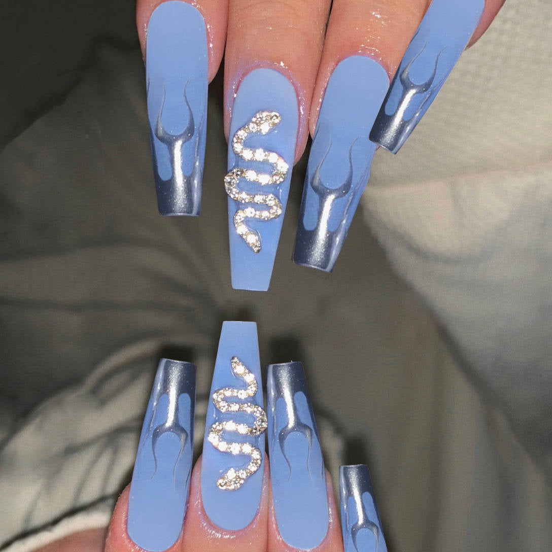 Time Traveler Long Coffin Blue Snakeskin Press On Nails