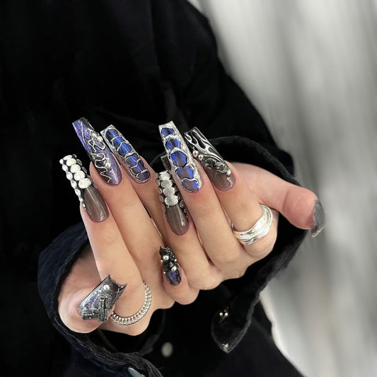 Crawling Long Coffin Silver Studded Press On Nails