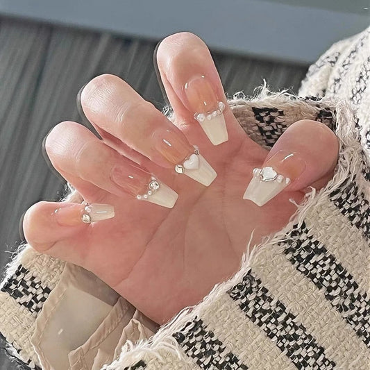 Bride Vibe Medium Coffin White Studded Press On Nails