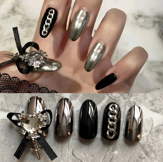 Gothic Glamour Long Oval Black and Metallic Silver Press On Nails with Chain and Jewel Details