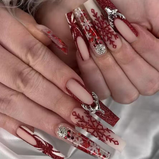 Winter Wonderland Long Coffin Sparkling Red Press-On Nail Set with Snowflake Embellishments and Crystal Accents