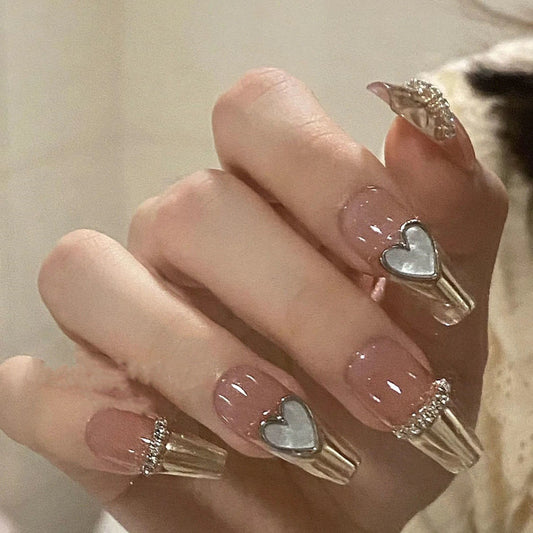 Wrapped In A Tiara Heart Long Coffin Gold Studded Press On Nails