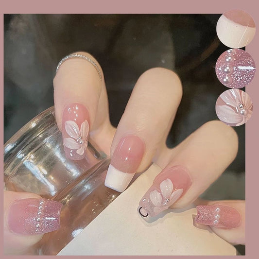 Chic Elegance Long Square Pink Press On Nails with Glitter Accents and Floral Embellishments