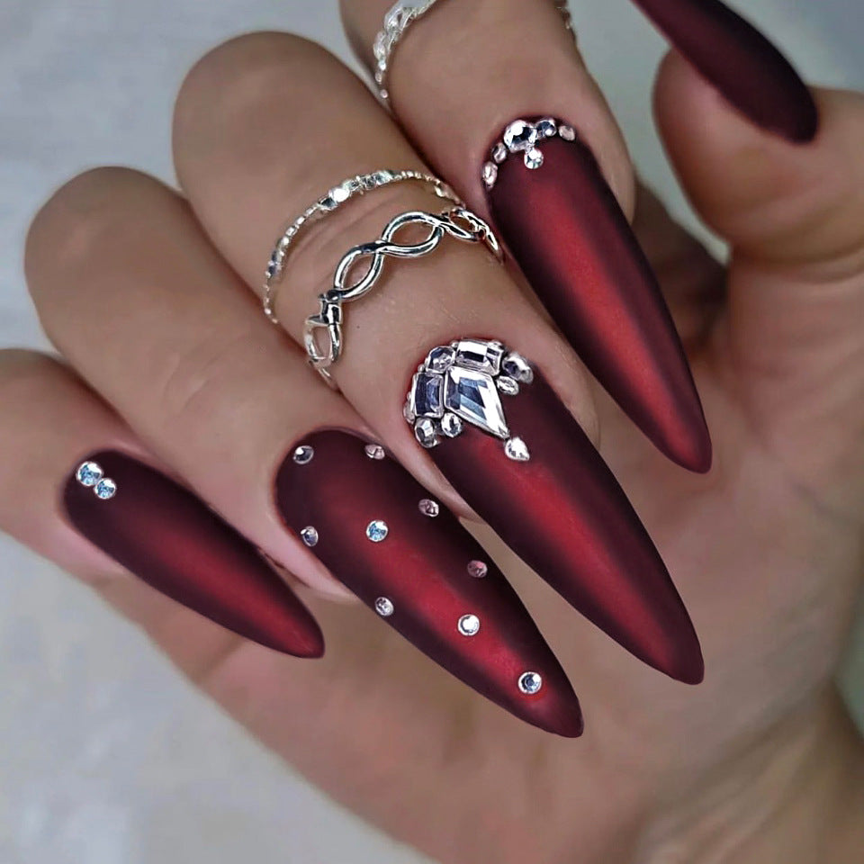 Keep Up Long Almond Red Studded Press On Nails