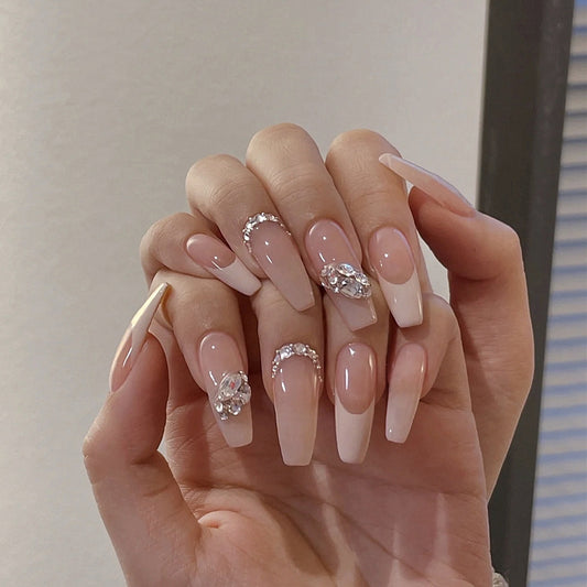 Queen Vibes Long Coffin Beige Studded Press On Nails