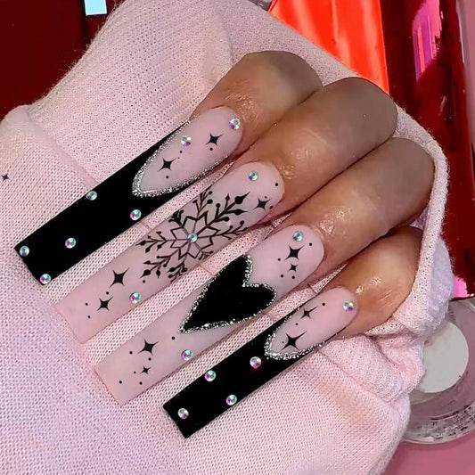 Snowflake Heart Long Square Black Winter Press On Nails