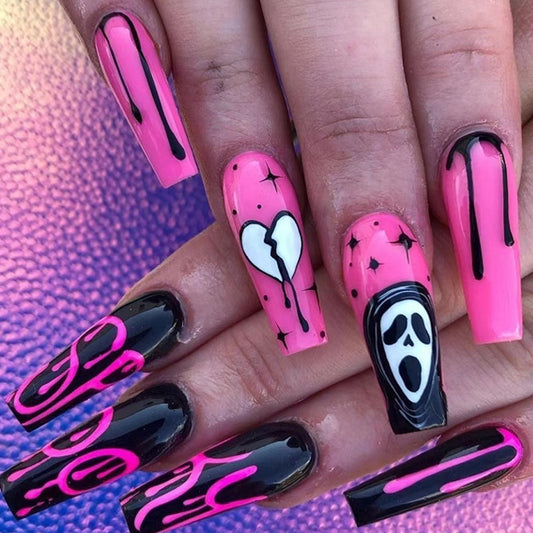 Spooky Scream Long Coffin Pink Halloween Press On Nails