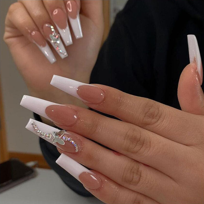 Celebration Long Coffin White Studded Press On Nails