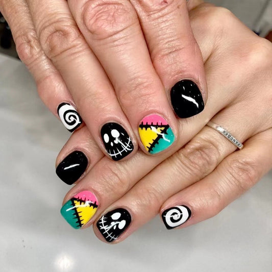 Fun Lady Short Square Black Stitched Press On Nails