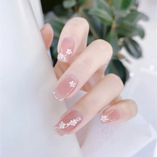 Blossoming Tranquility Long Square Press on Nail Set in Clear with White Floral Design and Rhinestone Accents