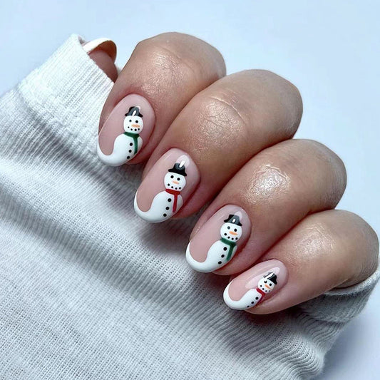 Snowmen In Line Short Round White Winter Press On Nails