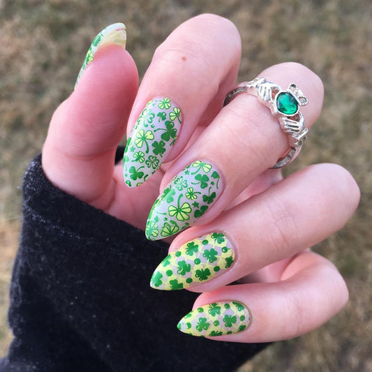 Four Leaf Clover Madness Long Almond Green St. Patrick's Day Press On Nails