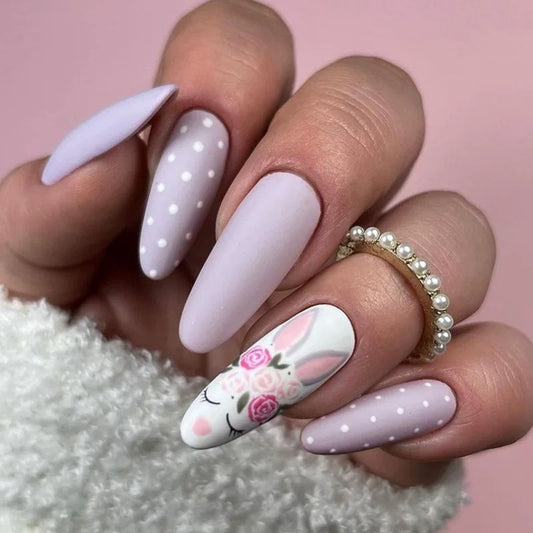 Flower Crown Bunny Medium Oval Purple Easter Press On Nails