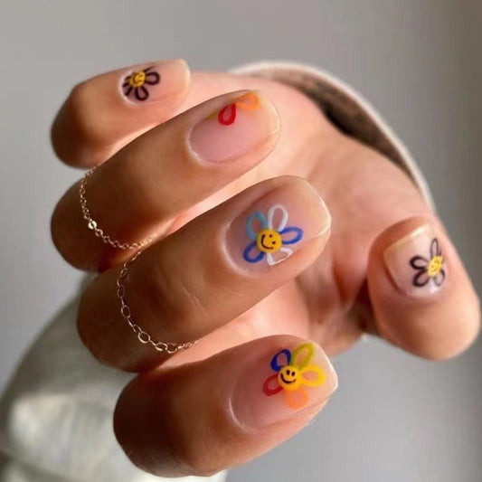 Sweet Daisy Crayon Short Square Multicolor Floral Press On Nails