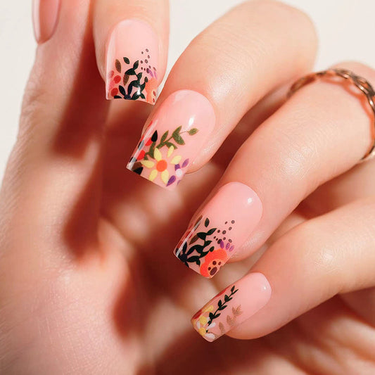 Prancing Around Medium Square Beige Floral Press On Nails