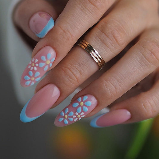 Excited Medium Almond Blue Floral Press On Nails