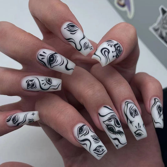 Dali Medium Coffin White Abstract Press On Nails