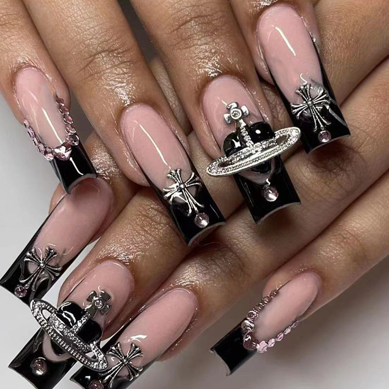 Saturn Rings Medium Square Black Astrology Press On Nails