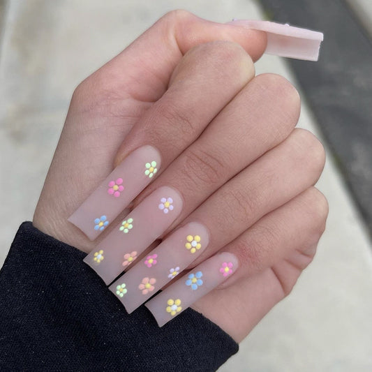 Flower Mania Long Square Multicolor Floral Press On Nails