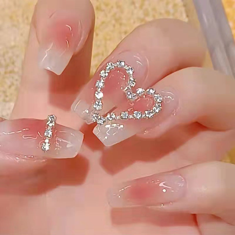 Romantic Affair Medium Square Clear Press On Nails with Rhinestone Heart Design