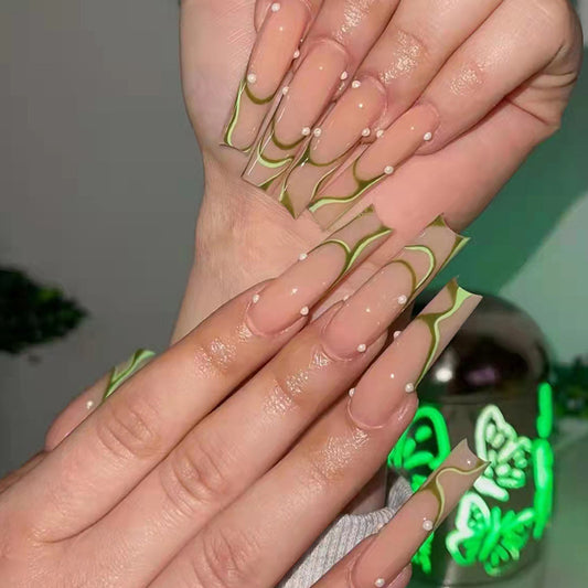 Enchanted Garden Extra Long Square Beige Press On Nails with Green Swirl Accents and Pearl Details