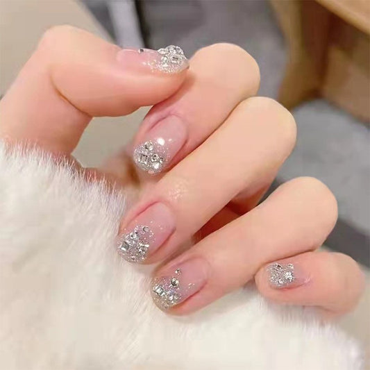 Sparkling Snow Short Square Glitter Press On Nail Set with Silver Rhinestone Accents