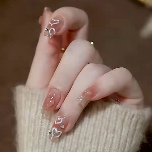 Romantic Date Night Medium Square Clear Press On Nails with Heart Patterns and Rhinestone Details