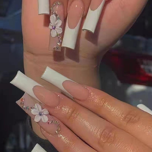 Floral Fantasy Extra Long Square White Press On Nails with Glitter Accents and 3D Flower Rhinestones