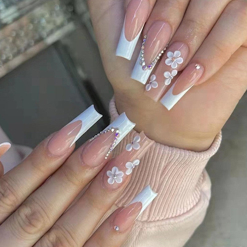 Springtime Chic Extra Long Coffin Beige and White Ombre Press On Nails with Floral Accents and Crystal Embellishments