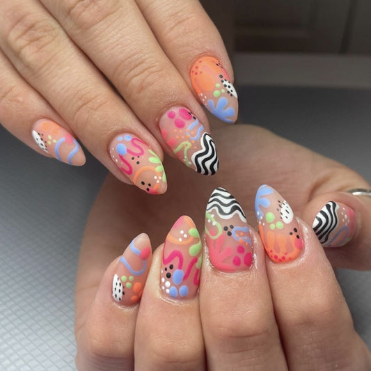 Doodling Around Short Almond Multicolor Abstract Press On Nails