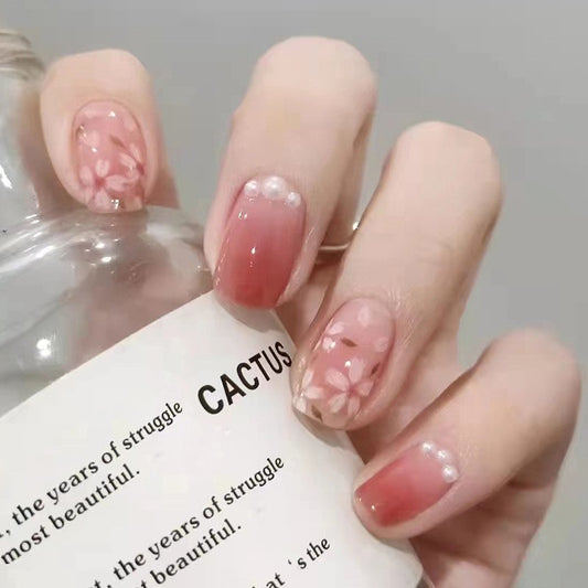 Botanical Bliss Short Square Pink Ombre Press On Nails with Floral Design and Pearl Accents