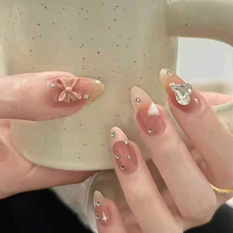 Tea Time Elegance Medium Almond Pink Ombre Press On Nails with Floral Embellishments and Gem Accents