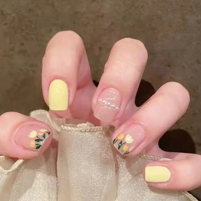 Sunny Spring Day Short Square Pastel Yellow Press On Nails with Floral Art and Glitter Accent