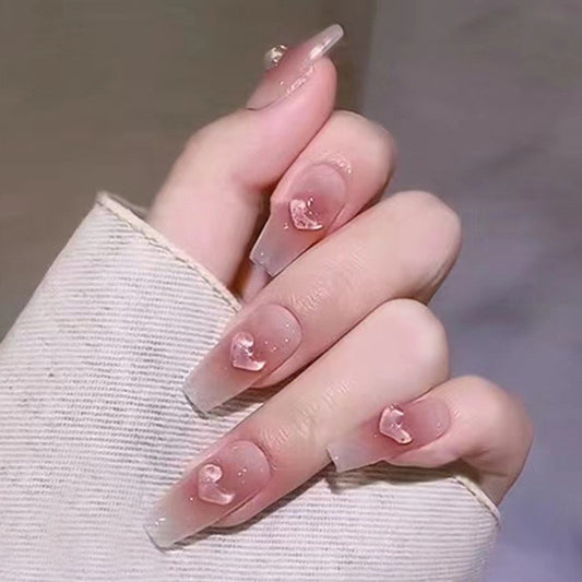 Whimsical Romance Long Coffin Beige Press On Nails with Pink Heart Confetti and Glitter Accents