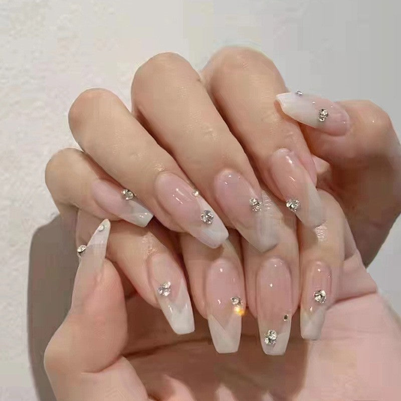 Crystal Elegance Long Coffin Beige Press On Nails with Sheer Tips and Sparkling Flower Accents