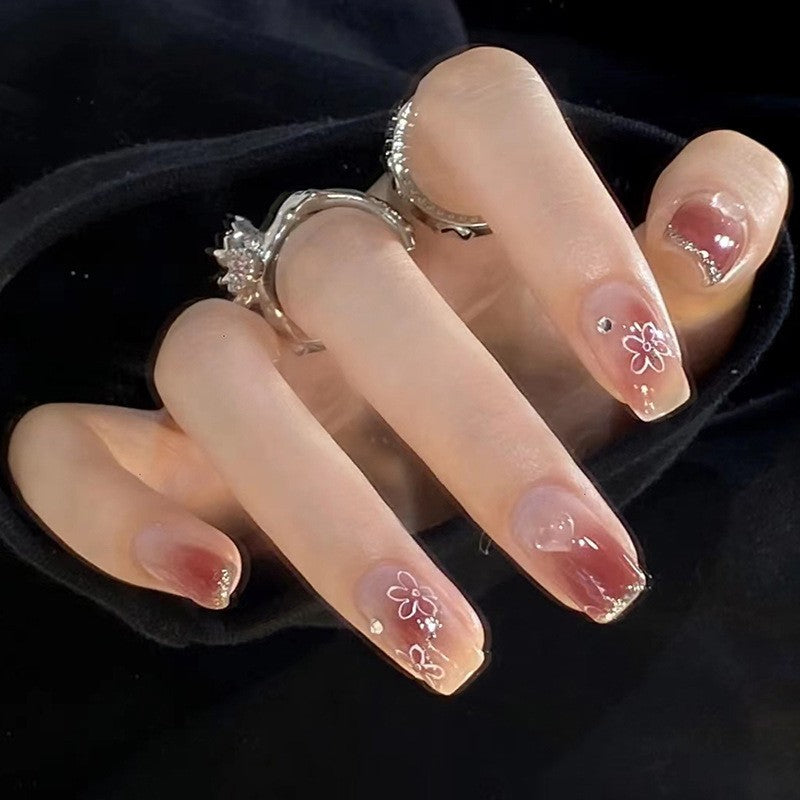 Elegant Evening Medium Square Gradient Press On Nails with Crystal Flower Embellishments