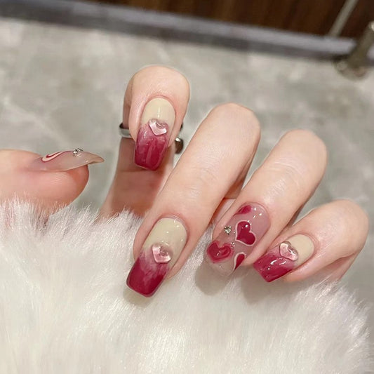 Romantic Rendezvous Long Square Ombre Press On Nails with Heart Accents and Gem Detail