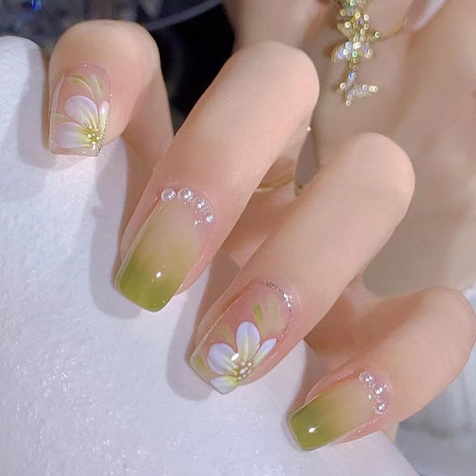 Springtime Blossom Medium Square Ombre Green Press On Nails with Hand-Painted Flowers and Rhinestone Details