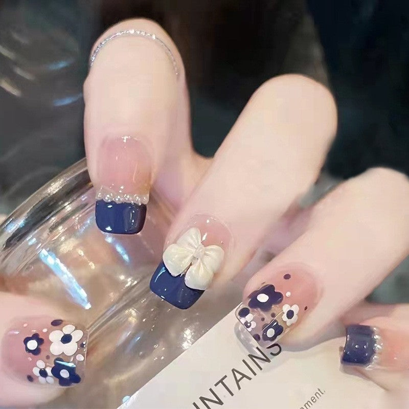 Twilight Garden Medium Square Navy and Floral Press On Nails with Crystal Embellishments and Delicate White Accents