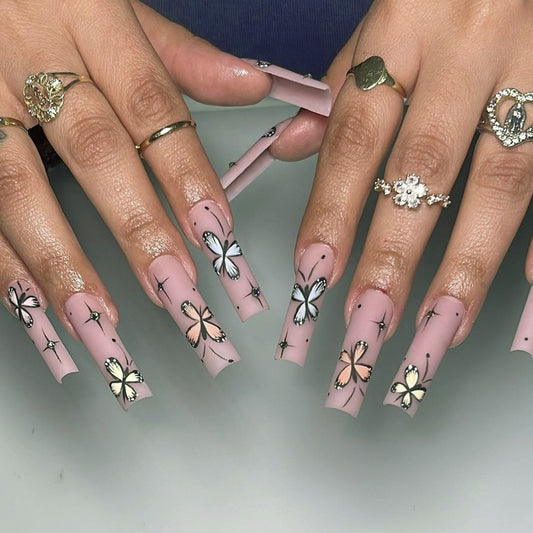 Butterfly Brief Long Square Beige Spring Press On Nails