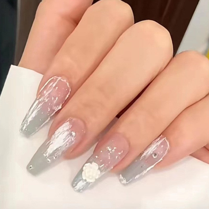 Winter Elegance Long Coffin Gradient Grey Floral Embellished Press On Nail Set