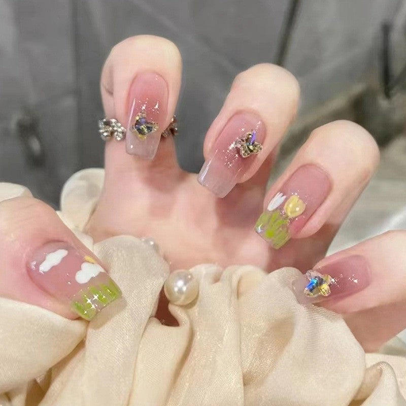 Springtime Charm Medium Square Ombre Green with Floral Detail and Rhinestone Embellishment Press On Nails