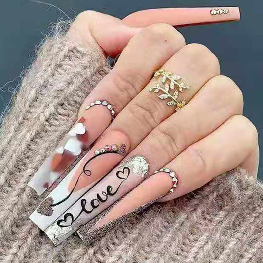 Romantic Script Long Coffin Gradient White with Heart Accents and Glitter Press On Nail Set