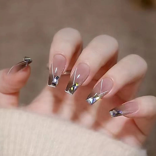 Modern Elegance Long Coffin Clear Nails with Silver Geometric Accents Press On Set