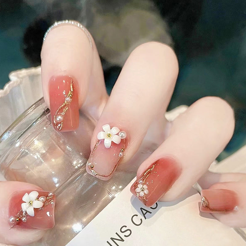 Spring Blossom Medium Square Press On Nails in Coral Pink with Floral Accents and Rhinestone Detailing